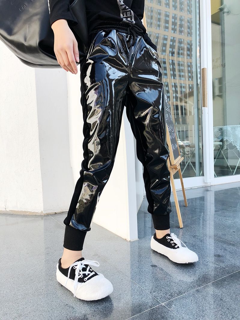 Elastic Waist Bright Leather Velvet Track Pants